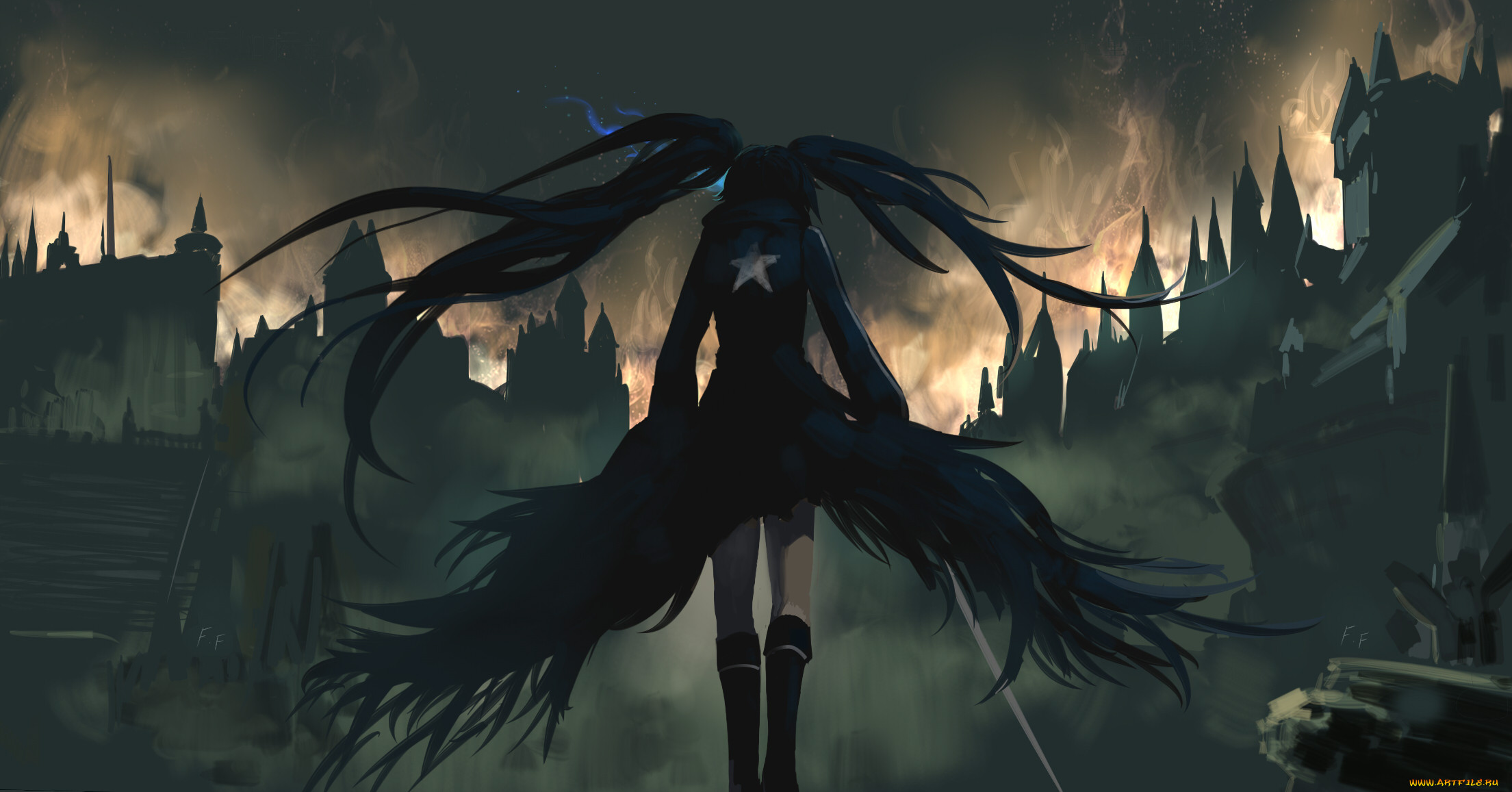 Обои Аниме Black Rock Shooter, обои для рабочего стола, фотографии аниме,  black rock shooter, bloodborne, kuroi, mato, силуэт, девушка, black, rock,  shooter, otaku, artist, арт Обои для рабочего стола, скачать обои картинки